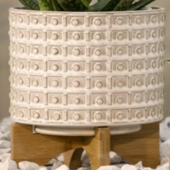 New Ceramic Textured Beaded Flower Herbs Planter Pot With Wood Stand - Picture 7 of 9